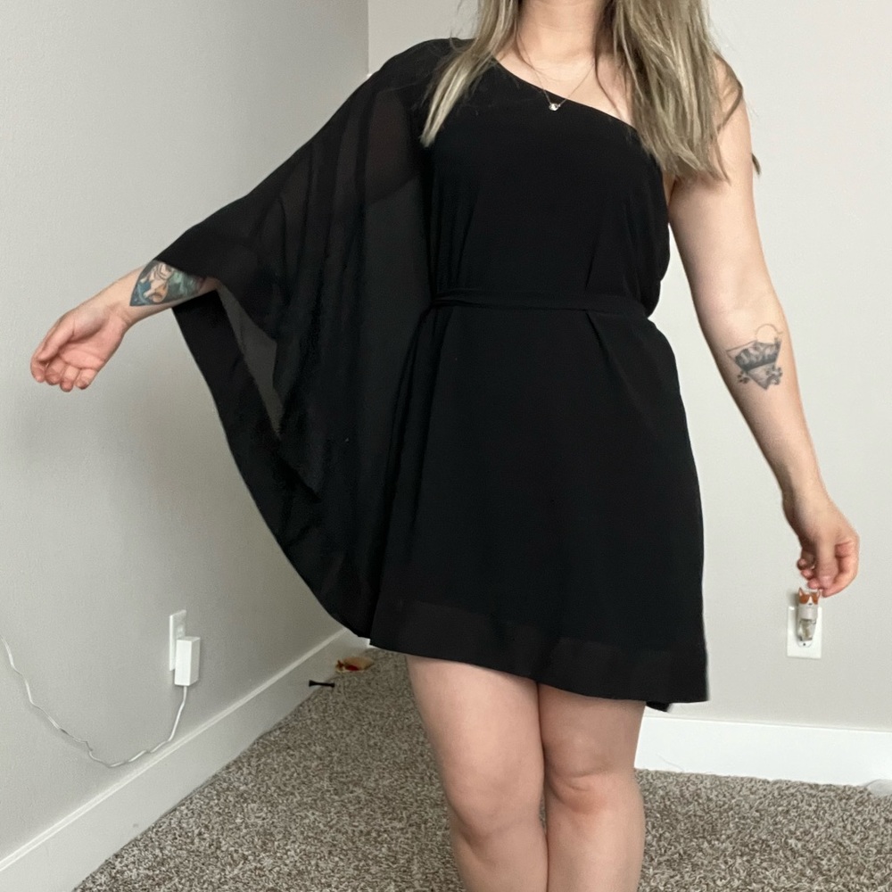 Black One Shoulder Long Sleeve Dress Tie Waist